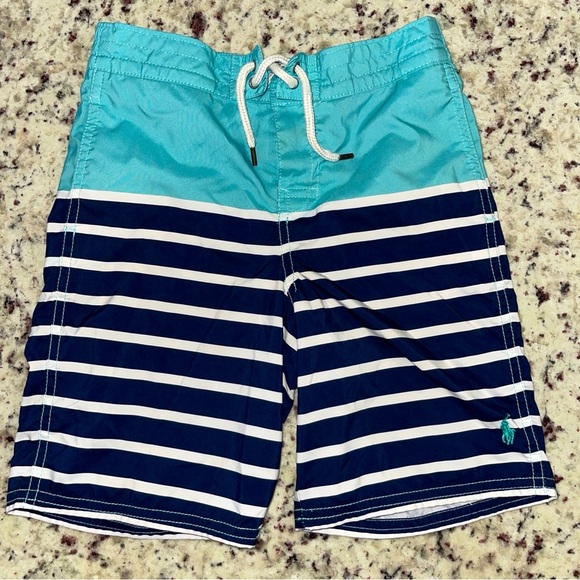 Polo Ralph Lauren Boys Sanibel Navy Striped Swim Trunk Size 7 Aqua Blue Green - Picture 1 of 9